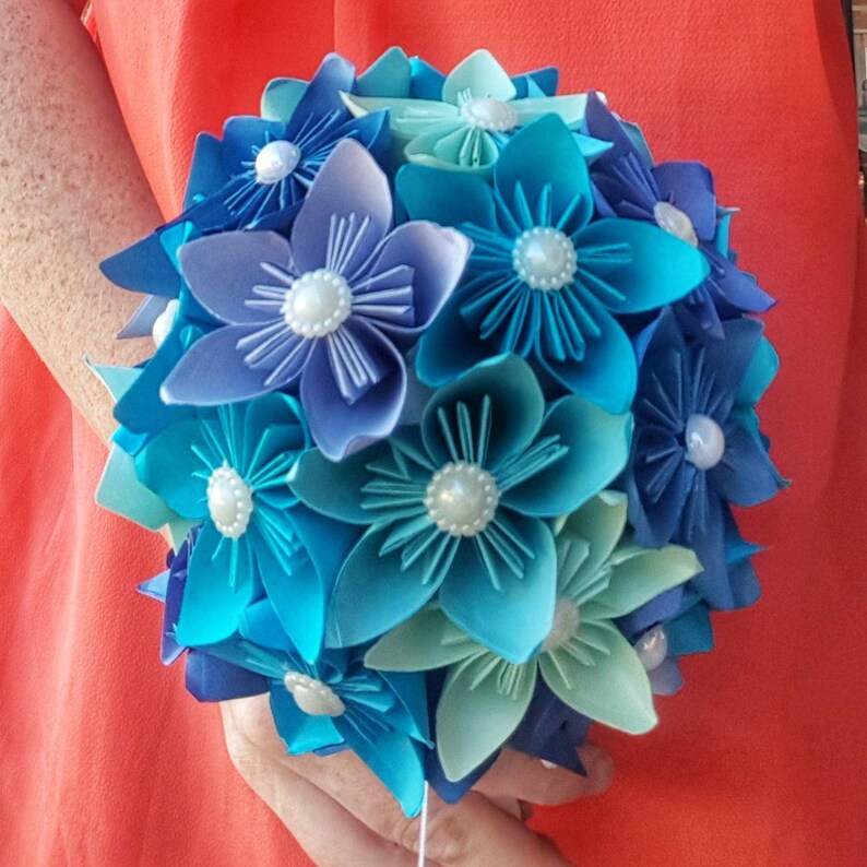 bride origami bouquet Custom wedding paper flower bouquet ball blue theme Paper wedding anniversary gift bridesmaid bouquet
