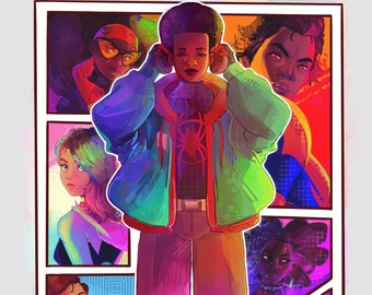 Peut inclure: Une illustration colorée de style bande dessinée d'un groupe de personnages divers, dont un jeune homme portant un costume de Spider-Man rouge et noir, une veste verte et des baskets rouges et noires. Les personnages sont disposés en grille, avec le personnage de Spider-Man au centre.