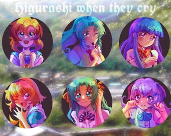 May include: Six colorful illustrations of anime characters from the show Higurashi When They Cry. Each character is depicted in a circular frame with a light blue, green, purple, orange, green, and purple background.