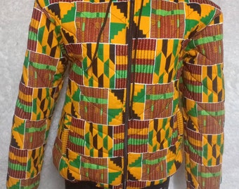 Unisex African print jacket,winter jacket,kente  bomber jacket,handmade heavy  jacket,yellow print kentes winter bomber,birthday gift,hood