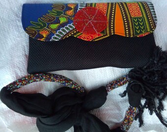 African purses, bags,African print bag, women purses , gift for her,clutch bag with a scarf, christmas gift for loved ones,black purse