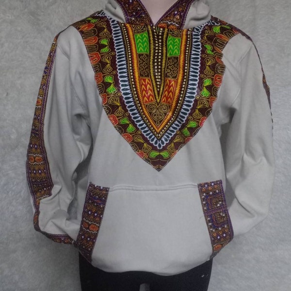 Sweat à capuche Dashiki africain unisexe, sweat à capuche d’hiver, sweat à capuche dashiki, pull fait à la main, sweat à capuche d’hiver blanc / beige, cadeau d’anniversaire cadeau de Noël, capuche chaude