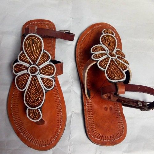 Brown Leather Sandalshandmade Sandals African Beaded - Etsy