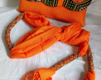 Orange African purses with a matching scarf,African print bag,African purses, women purses christmass gift for her