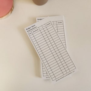 Op de afbeelding: Twee witte budgetbladen met zwarte rasterlijnen en tekst. Het bovenste blad heeft de titel "Budget Sheet" en de tekst "Beginning Balance". Het onderste blad heeft de tekst "DIVINE DESIGN & PLANNING, LLC".