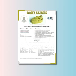Op de afbeelding: Een haakpatroon voor babyschoentjes, met instructies voor de maten 0-3 maanden, 3-6 maanden en 6-12 maanden. Het patroon bevat een steekgids en een materiaallijst. Het patroon is gemarkeerd met "Vaardigheidsniveau - Beginner tot Gevorderd".