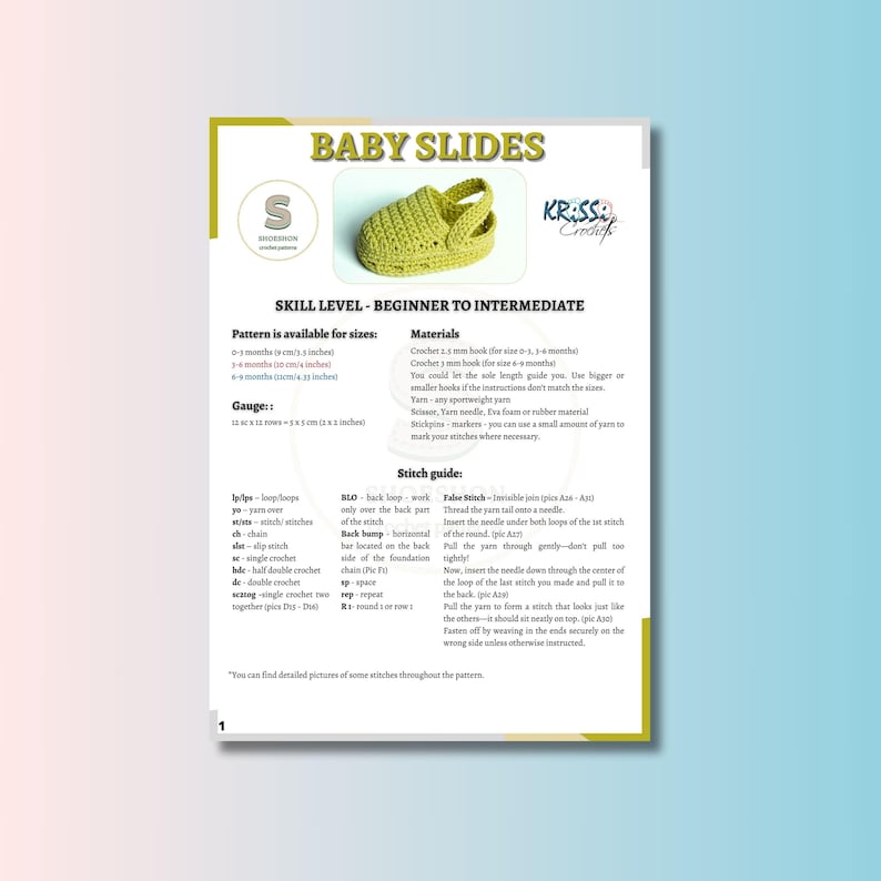 Op de afbeelding: Een haakpatroon voor babyschoentjes, met instructies voor de maten 0-3 maanden, 3-6 maanden en 6-12 maanden. Het patroon bevat een steekgids en een materiaallijst. Het patroon is gemarkeerd met "Vaardigheidsniveau - Beginner tot Gevorderd".