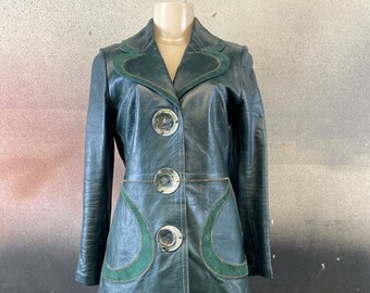 Vintage 70's Henry Lehr CORDOBA Brutalist Green Leather Coat