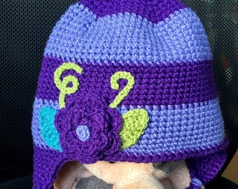 Purple Striped Crochet Beanie w/ Flower, Kids Hat, with earflaps & braids