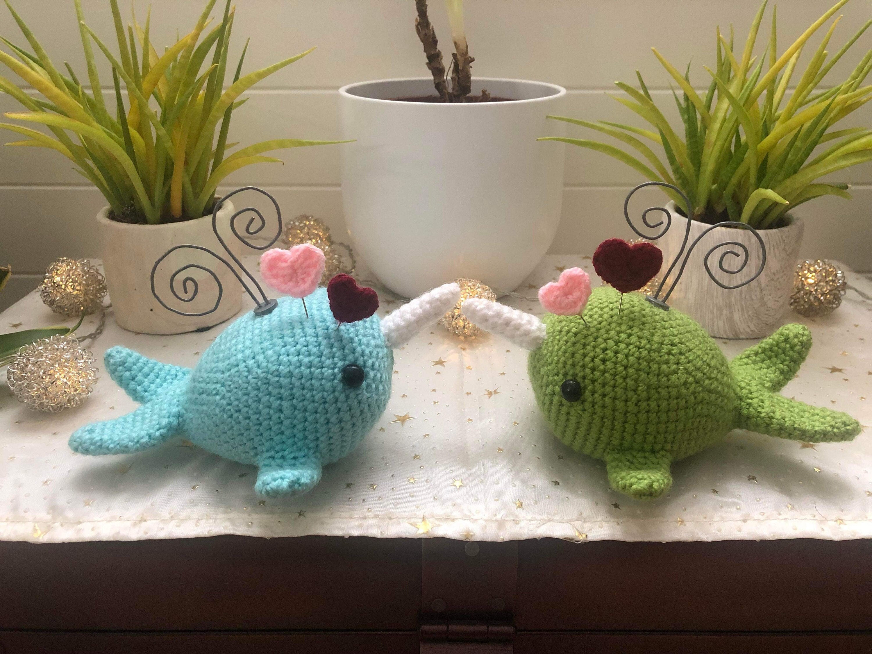 Narwhal Amigurumis, Handmade Crochet Narwhal, Unicorns of the Sea, Pin Cushions, Whale with horn and water spout design
