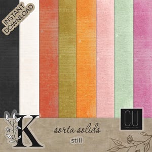 May include: A digital paper pack with a range of solid colours, including black, white, red, olive green, orange, pink, and light green. The words "Instant Download" are in the upper left corner. The words "sorta solids" and "still" are also visible.