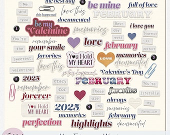 Hey, February Digital Scrapbook Kit Word Art Pack Art Journal Junk Journal Valentines Day Love Word Strips WordArt Digiscrap Stickers Icons