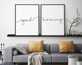 Good Morning Quote Print, Set of 2 Prints, Good Morning Typography Print, Black & White Quote Print, Morning Decor Print, Typography Quote