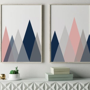 Geometric Mountain Set of 2 Prints, Mountain Print, Landscape Print ...