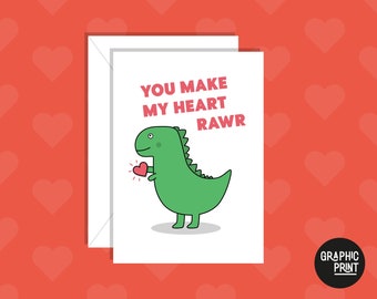 You Make My Heart Rawr Valentines Card, Dinosaur Valentines Card, Cute Anniversary Card, Valentines Card for Boyfriend/Girlfriend, Dinosaur