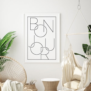 Bonjour Quote Print, Bonjour Typography Print, Black & White Bonjour Quote, Quote Print, Bonjour Print, Typography Quote Wall Art Home Decor