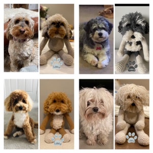 May include: A collage of photos featuring different dog breeds. The photos show both real dogs and crocheted stuffed animal versions of the dogs. The crocheted dogs are sitting with their paws crossed and have a small tag that says "Tiddlybop".