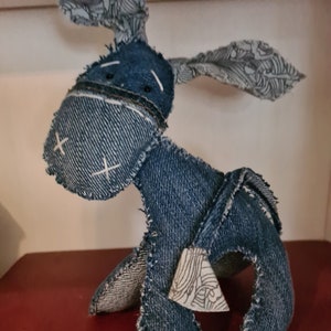 UPCYCLED DENIM DONKEY pdf sewing pattern. Hand sew your own little donkey from old jeans.
