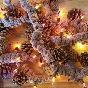 May include: A string of lights wrapped around pine cones, creating a festive and cozy atmosphere. The lights are a mix of warm white and multi-colored bulbs, adding a touch of whimsy to the arrangement.