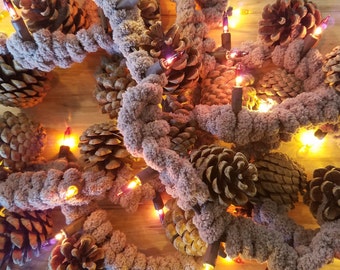 Pinecone Chunky Knit Garland Natural Brown with yellow-brown-amber lights FREE SHIPPING