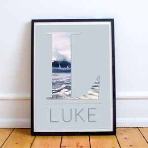 Luke nome personalizado carta para impressão beachy monograma quarto berçário decoração arte da parede presente do bebê