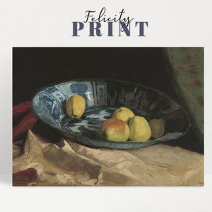 Kitchen Wall Art | Lemon Art Print | Victorian Dark Academia Decor | Still Life Painting | Delft Pottery