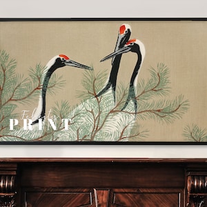 Japandi Samsung Frame TV Art / Cranes Woodcut / DIGITAL Art / Maximalist Decor / Vintage Art Frame TV / Grandmillennial décor