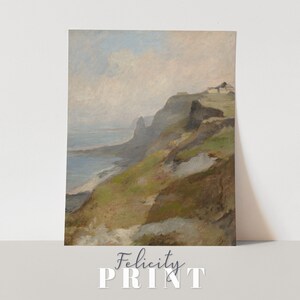 May include: A painting of a rocky coastline with a small building on the top of the cliff. The sky is a light blue with white clouds. The water is a dark blue and the rocks are a light brown.