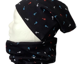 Beanie und Loop Die drei Fragezeichen ??? in Wunschgröße von Gr. 42 - 58 KU, Set aus Jersey