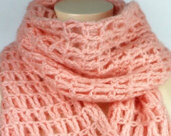 Handmade light pink wool scarf made of soft, lightweight wool for women