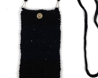 Cell Phone and Sunglasses Holder with Black and Blue Sequins, Handmade Strap I Phone Case, Women's Gift