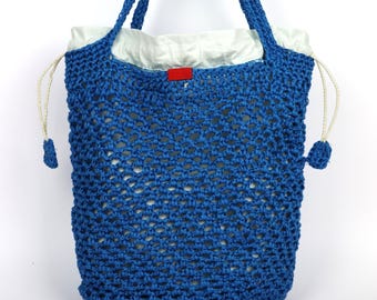 Summer bag in sky blue cotton mesh, handmade with crochet