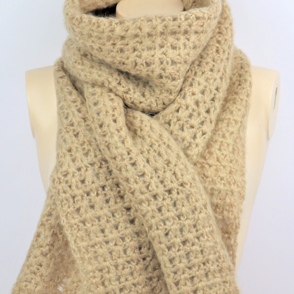 Handmade wool scarf for woman - Handmade long scarf -Crochet women's scarf - Beige or black wool scarf - Handmade Gift Italian scarf for her