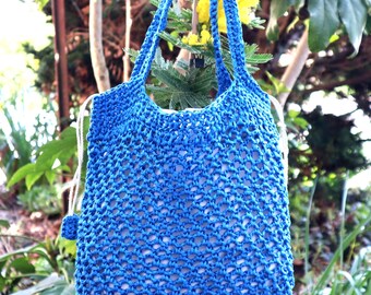 Blue crochet bag, handmade cotton mesh bag, multipurpose