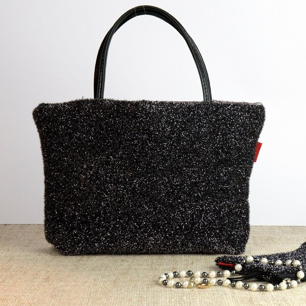 Small black Hand-bag - Clutch bag Handmade - Purse black with glitter - Mini Purse bag Party -Cloth Bag with handles - Cloth purse Unique