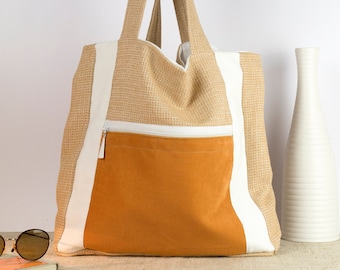 Cloth Tote Bag - Cloth Craft bag Handmade - Large fabric bag - Leisure bag - Bag beige orange Gift for her - Handmade cloth bag women