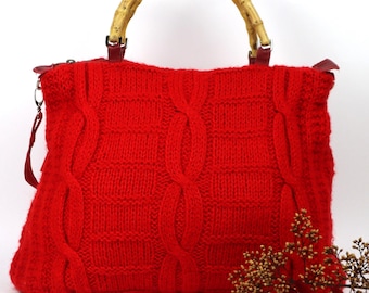 Handmade red bag made of wool and fabric with bamboo handles and shoulder strap for women