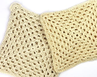 Set of Two Handmade Granny Crochet Potholders, Square Potholders in Natural Ecru Cotton