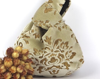 Handbag with Japanese knot in beige gold damask velvet, Wrist knot clutch, women's gift