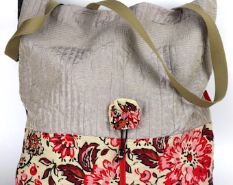 Large handmade quilted bag in grey, blue jeans and red flowers, women's gift