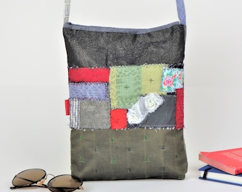 Handmade patchwork fabric and denim shoulder bag, Unique eco-friendly Unisex Small Shoulder Bag, Friend gift