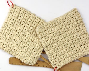 Set of Two Handmade Crochet Square Potholders, Natural Ecru Cotton Potholders