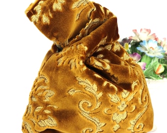 Golden yellow damask velvet bag with Japanese knot, Wristlet clutch for ceremonies, Women's gift