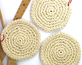 Set of Three Handmade Crochet Cotton Potholders in Natural Ecru, Artisan Kitchen Potholders, Useful Gifts