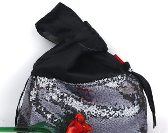 Elegant Japanese knot bag, black and silver wrist bag with glitter for ceremonies