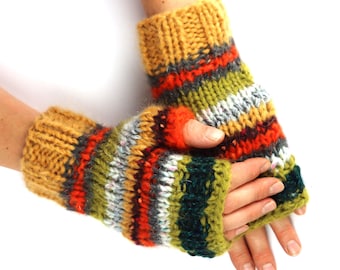 Handmade wool fingerless gloves, colorful unisex knitted warmers, gifts