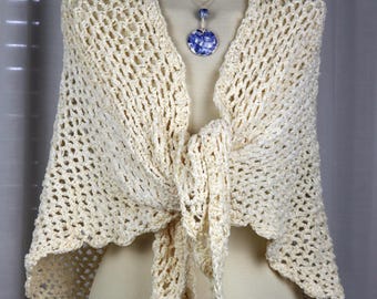 Handmade cream white crochet shawl, Lightweight chenille shawl, Gift for woman