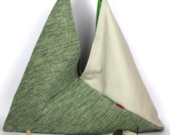 Beige and green fabric Origami Tote Bag, handmade Japanese style, Women's gift