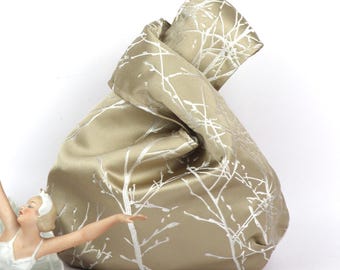 Japanese knot bag Gray Beige satin , Elegant fabric wrist bag for ceremonies, Women's gift