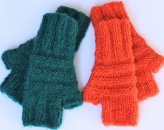 Wool gloves - Fingerless gloves - Handmade gloves orange or green - Wrist warmers - Knitted Mittens handmade wool - gifts woman man
